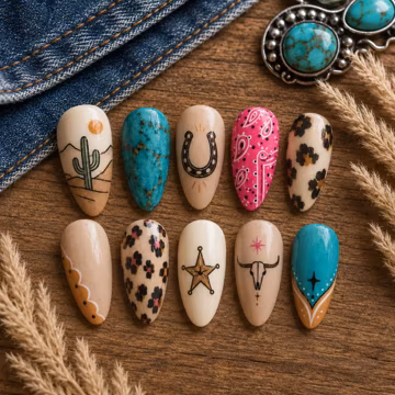 Western Press On Nails, Medium Almond Cowgirl Nails, Turquoise Cactus Horseshoe Nail Set, Pink Cow Print Desert Nail Art