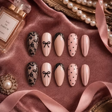 Romantic Press On Nails, Pink Lace Nail Set, Black Bow Nails, Coquette Polka Dot Nails, Feminine Striped Nail Art Gift
