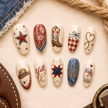 Western Press On Nails, Cowgirl Rodeo Nail Set, Red White Blue Bandana Cowboy Boot Horseshoe Nails, Country Nail Art Gift