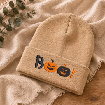 BOO Embroidered Beanie | Halloween Pumpkin Face Cuffed Hat | Spooky Season Knit Winter Beanie | Matching Family Fall Hat | Halloween Gift