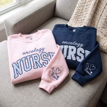 Custom Embroidered Oncology Nurse Sweatshirt, Gingham Applique Nurse Crewneck, Personalized Nurse Sleeve Name Shirt, Oncology RN Gift