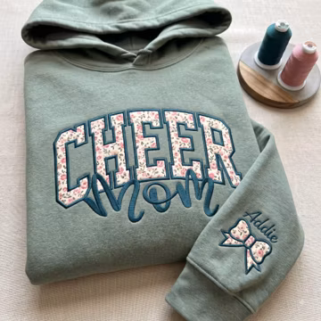 Embroidered Cheer Mom Sweatshirt, Floral Applique Crewneck, Custom Name Sleeve