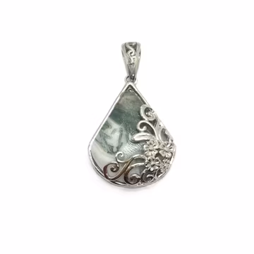 Moss Agate Teardrop Pendant, High Polish Silver Plated Floral Art Designer Jewelry Gift