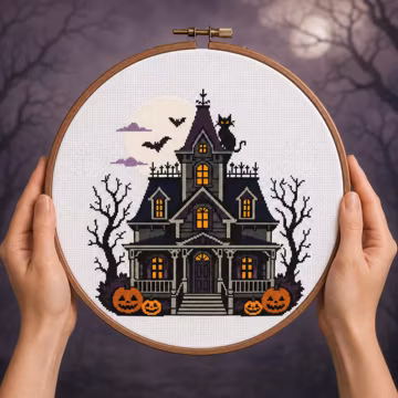 Gothic Victorian Haunted House Cross Stitch Pattern PDF, Halloween Cat Moon Pumpkin Gothic Embroidery