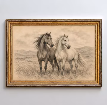 Horse Wall Art Print Two Horses Pencil Sketch Rustic Farmhouse Decor Digital Download