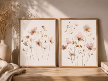 Set of 2 Pink Botanical Prints, Blush Wildflower Watercolor Art (Digital Download)
