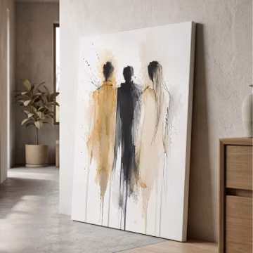 Three People Wall Art, Abstract Figures Canvas Print, Neutral Tones Decor, Minimalist Portrait, Modern Home Decor, Beige Black Wall Art
