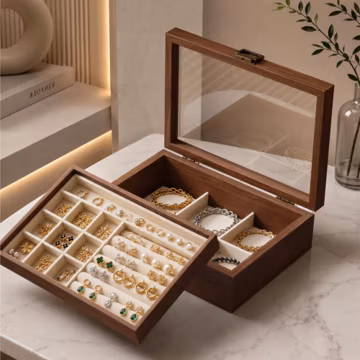 Walnut Jewelry Box Organizer | Glass Lid 2-Layer Storage Case