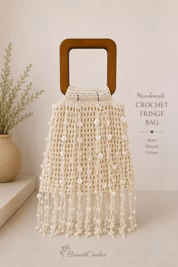 Handmade Pearl Crochet Fringe Bag, Wooden Handle, Boho Bridal Purse