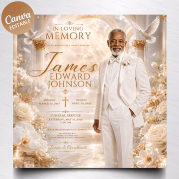 White rose Funeral Announcement Invitation Editable Digital Memorial Flyer, Obituary, In Loving Memory, Celebration of Life Canva Template