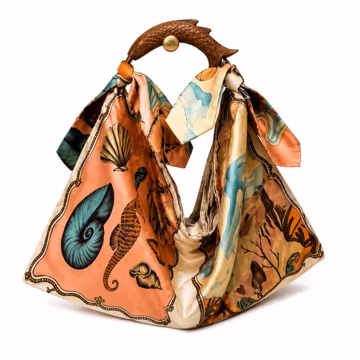 Handmade Beach Tote Bag, Wooden Fish Handle, Coastal Marine Print Shoulder Bag