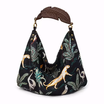 Black Floral Fabric Tote Bag, Interchangeable Wooden Handle, Boho Shoulder Purse