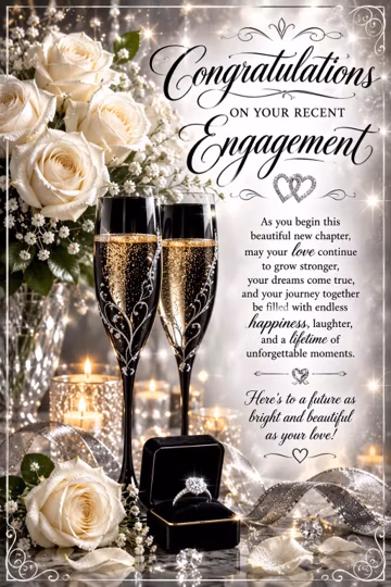Engagement Card | White Roses, Champagne Glasses, Ring (Digital Download)