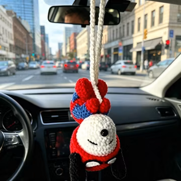 Handmade Spider Hero Dog Crochet Charm, Funny Amigurumi Car Mirror Hanging, Cute Rearview Mirror Decor, Gift for Superhero Lovers