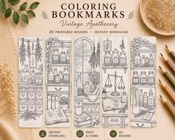 Vintage Apothecary Coloring Bookmarks Printable, 20 Apothecary Bookmarks PDF, Witchy Coloring Pages, Cottagecore Book Lover Gift