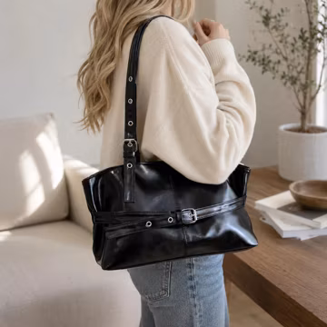 Faux Leather Shoulder Bag – Y2K Vintage Buckle Detail Tote Handbag