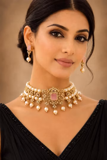 Sabyasachi Inspired Designer Choker Necklace & Earrings Set, Kundan Inspired Indian Bridal Jewelry, Gold Wedding Jewelry, Victorian Choker