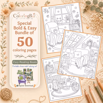 Cozy Reading Nook Coloring Pages, 50 Bold and Easy Adult Coloring Bundle, Printable Stress Relief PDF, Digital Download