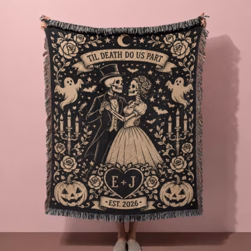 Personalized Skeleton Couple Woven Blanket, Gothic Wedding Gift, Halloween Anniversary Throw, Custom Lovers Keepsake