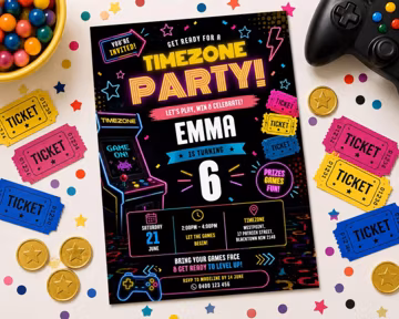 Timezone Neon Arcade Birthday Invitation Template, Digital Download
