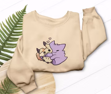 Gengar Mimikyu Embroidered Sweatshirt, Cute Pokémon Anime Shirt, Kawaii Ghost Character Crewneck, Gamer Gift