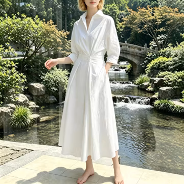 Maxi Shirt Dress, Long Sleeve A-Line, Cotton Blend,With Pockets Collared Wrap Shirt Midi Dress Everyday Minimalist Cotton Dress Gift For Her