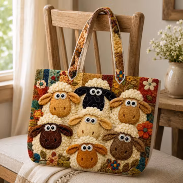 Personalized Sheep Family Quilted Tote Bag, Colorful Floral Farm Tote Bag, Whimsical Lamb Shoulder Bag, Sheep Lover Gift