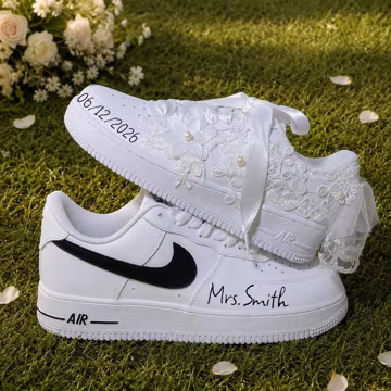Custom Couple Wedding Sneakers, Embroidered Lace Bridal Shoes, Personalized Bride Groom Shoes, Name Date Reception Shoes