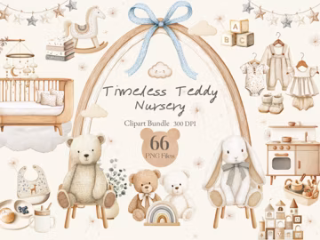 Timeless Teddy Nursery Clipart Bundle | Nursery Clipart | Watercolor Baby Clipart | Teddy Bear Clipart | Baby Shower Clipart | Nursery Decor