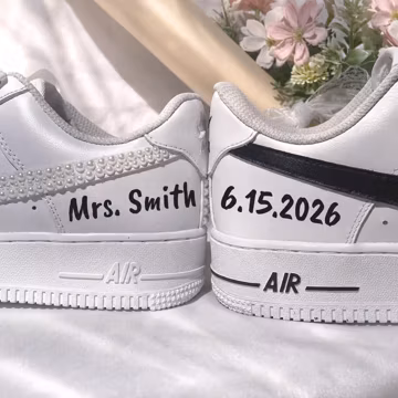 Pearl Bow Couple Wedding Sneakers, Custom Bride Groom Reception Shoes, Personalized Name Date Trainers with Satin Laces, After Party Gift