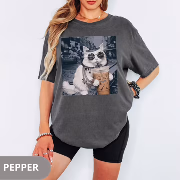Vintage 90s Cat T-Shirt Halloween Cat Drinking Iced Coffee Meme Gothic Graphic Tee White Cat Shirt Sarcastic Gift Spooky Animal Shirt