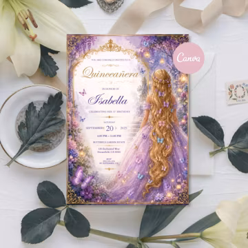 Elegant Princess Quinceañera Invitation Template, Royal Sweet 15 Birthday Invite, Editable Canva Mis Quince Años