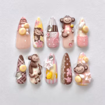 Kawaii Monkey Press On Nails Cute San-X Fake Nails 3D Yellow Banana Pink Plaid Cherry Blossom Chocolate Candy White Lace Sweet Pastel Nails