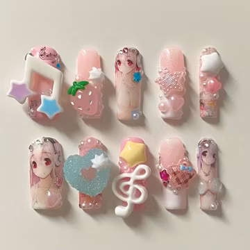 Kawaii Anime Super Sonico Press On Nails Cute Pink Fake Nails 3D Music Note Press Ons Gummy Heart Star Strawberry Tart Japanese Gyaru Nails