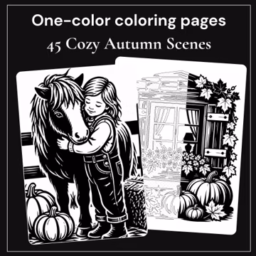 Cozy Autumn OneColor Coloring Pages | 45 Monochrome Pages | Adult Coloring PDF | Fall Coloring Book | Instant Download | Mindful Relaxation