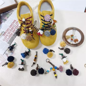 Single Boho Shoe Charm for Sneakers, Tassel Pom Pom Sneaker Accessory, Wooden Bead Lace Decoration, Handmade Aesthetic Shoe Decor for Her