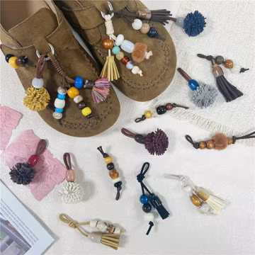 Boho Shoe Charm for Sneakers – Handmade Tassel Lace Charm with Pinecone, Pom Pom & Wooden Beads, Best Sneaker Accessory Gift for Womem Girl