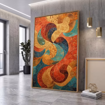 Abstract Modern Swirls Canvas Wall Art, Gold Accent Painting, Vibrant Red Blue Teal Home Decor, Contemporary Curves Canvas