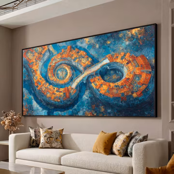Abstract Spiral Cityscape Canvas, Colorful Urban Architecture Wall Art, Blue and Orange Modern Home Decoration