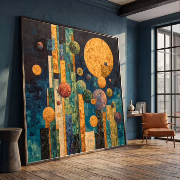 Abstract Cityscape with Floating Spheres Canvas, Modern Geometric Wall Art, Urban Skyline Decor, Colorful Contemporary Canvas Wall Design
