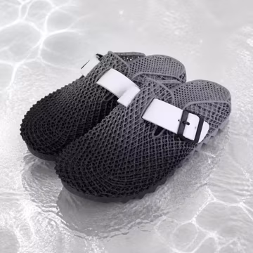 Black Gray Gradient 3D Printed Lattice Mules, Open Back Clogs with Buckle, Futuristic Unisex Techwear Statement Shoes