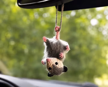 Crochet Opossum Car Mirror Charm, Cute Rearview Mirror Hanging Accessory, Handmade Car Ornament, Birthday Gift for Her, Animal Bag Charm