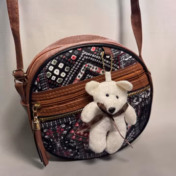 Bohemian Round Shoulder Bag with Teddy Charm, Ethnic Print Georgette Purse, Brown Faux Leather Circle Handbag, 2 Zip Pockets, Gift for Her