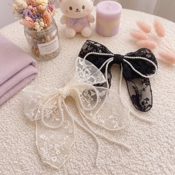 Lace Hair Bow Clip - White & Black School Hairbow