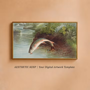 Trout Fishing Art, Digital Download, TV Art, Leaping Fish Painting, Vintage Stream Print, River Wildlife Decor, Fine Art, 16:9