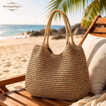 Women's Raffia Tote Bag, Woven Straw Shoulder Purse, Summer Beach Vacation Handbag