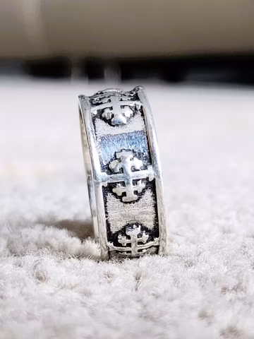 Unisex 925Sterling Silver Jerusalem Cross Ring, Oxidized Gothic Faith Band