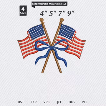 Crossed American Flags Embroidery Design, American Flag Machine Embroidery File, Patriotic Ribbon USA 4th of July Digital Stitch Download