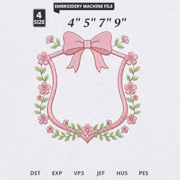 Floral Shield Embroidery Design, Floral Shield Machine Embroidery File, Pink Flower Bow Applique Digital Stitch Download