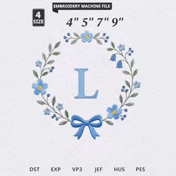 Floral Wreath Monogram Embroidery Design, Custom Letter Monogram Machine Embroidery File, Blue Flower Bow Digital Stitch Download
